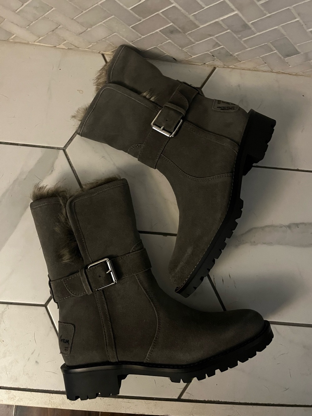 Sam Edelman Gray Suede Fur-Trim Buckle Winter Boots